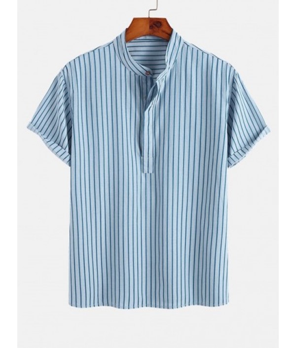 Men's Mix And Match Two Piece Set Stand Collar Vertical Striped Half Buttons Short Sleeves Pullover Shirt With Solid Color Basic Shorts Set Men's Mix And Match Two Piece Set Stand Collar Vertical Striped Half Buttons Short Sleeves Pullover Shirt With Solid Color Basic Shorts Set