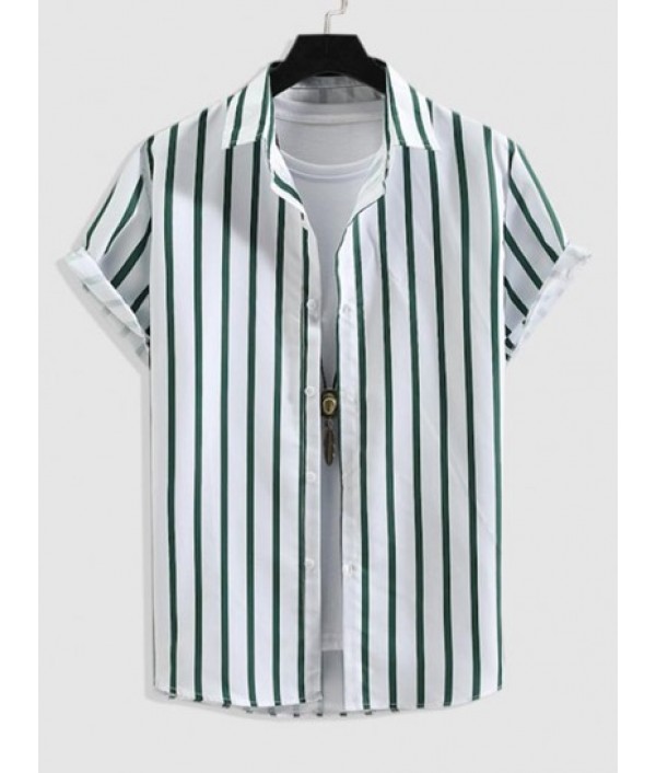 Button Up Striped Shirt And Label Design Drawstring Shorts Set