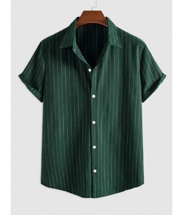 Men's Casual 2 Piece Outfits Vertical Striped Pattern Striped Button Fly Short Sleeve Shirt And Drawstring Bermuda Shorts Set