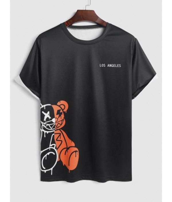 Men's Casual Two Piece Set LOS ANGELES Letter Cartoon Bear Graphic Pattern Short Sleeves Round Neck T-shirt With Solid Color Basic Shorts Set Men's Casual Two Piece Set LOS ANGELES Letter Cartoon Bear Graphic Pattern Short Sleeves Round Neck T-shirt With Solid Color Basic Shorts Set