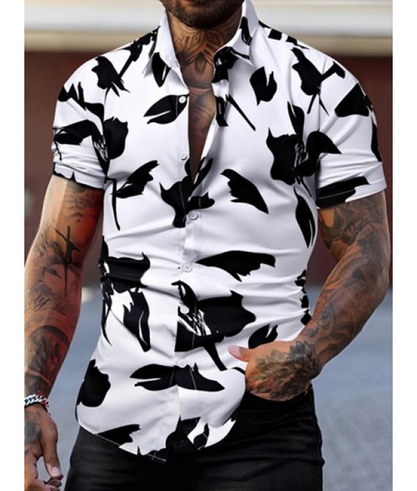 Men's Summer Beach Monochrome Floral Print Button Up Short Sleeve Shirt And Solid Color Basic Casual Bermuda Shorts Vacation Set