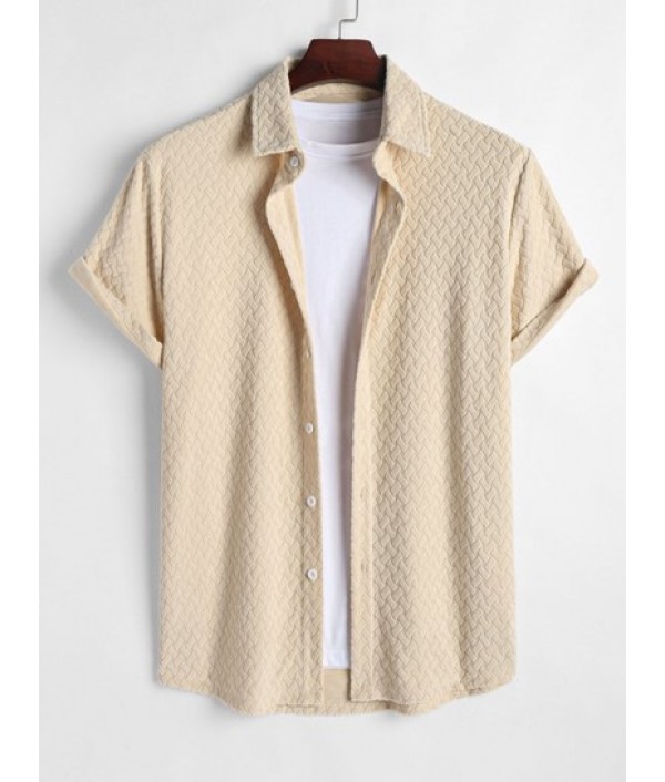 Men's Geometric Jacquard Terry Cloth Short Sleeves Casual Summer Shirt And Drawstring Pocket Plain Corduroy Textured Shorts Set Men's Geometric Jacquard Terry Cloth Short Sleeves Casual Summer Shirt And Drawstring Pocket Plain Corduroy Textured Shorts Set