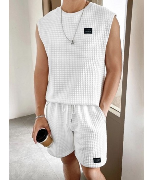Solid Color Textured Tank Top And Shorts Sports Set Solid Color Textured Tank Top And Shorts Sports Set