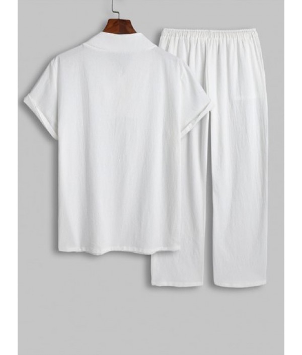 Men's Matching Two Piece Casual Lounge Textured Button Loop V Neck Short Sleeves Popover Top And Drawstring Straight Pants Set