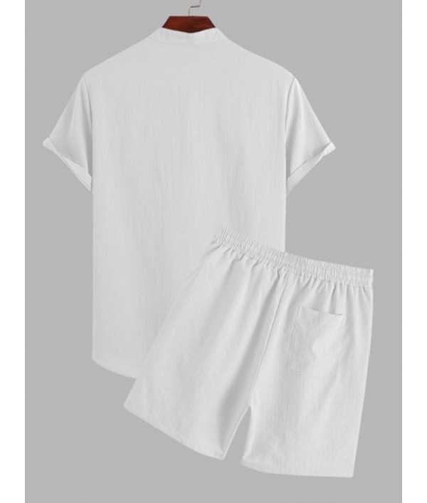 Half Button Roll Up Sleeves Popover Shirt With Drawstring Shorts Two Piece Set Half Button Roll Up Sleeves Popover Shirt With Drawstring Shorts Two Piece Set