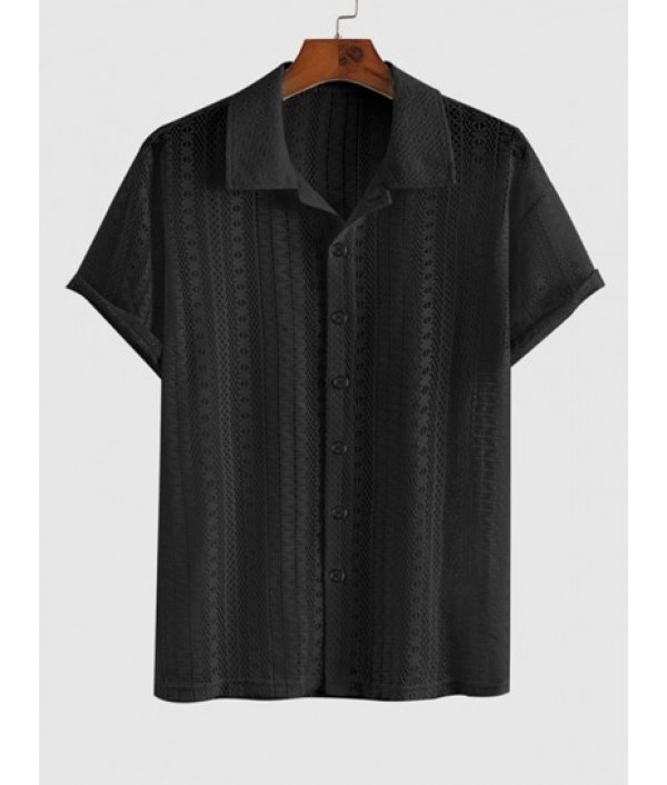 Men's Sexy Lace Sheer Openwork Short Sleeves Button Front Shirt And Basic Solid Color Drawstring Sweat Shorts Set