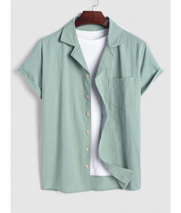 Men's Plain Color Jacquard Weave Cotton And Linen Textured Front Pocket Short Sleeves Shirt And Drawstring Pants Set