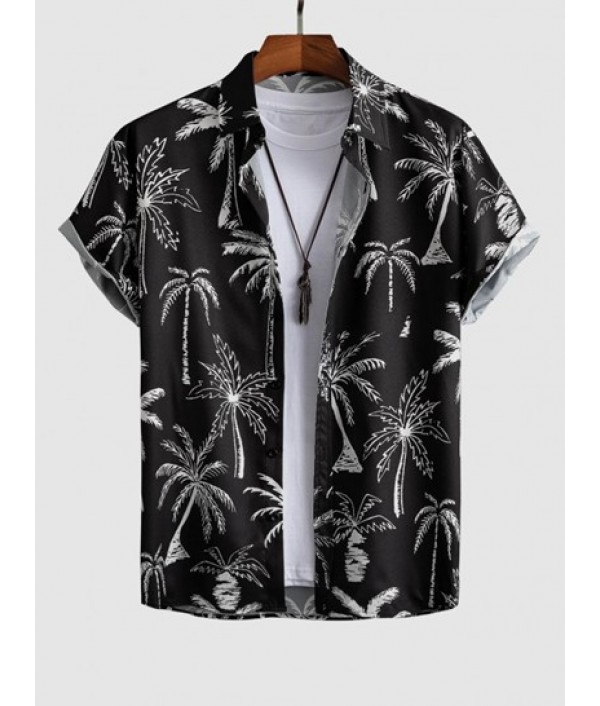 Men's Short Sleeves Palm Tropical Print Beach Vacation Shirt And Solid Color Basic Casual Bermuda Shorts Set