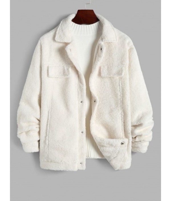 Fluffy Polar Fleece Solid Color Button Fly Jacket With UNISEX Turtleneck Essentials Sweater Set