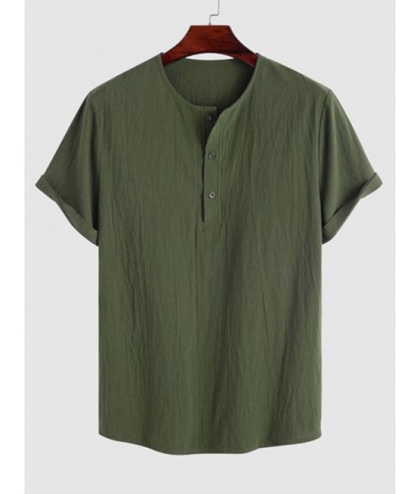 Men's Cotton And Linen Textured Half Button Short Sleeves Pullover Shirt And Multi-pockets Design Drawstring Casual Shorts Set