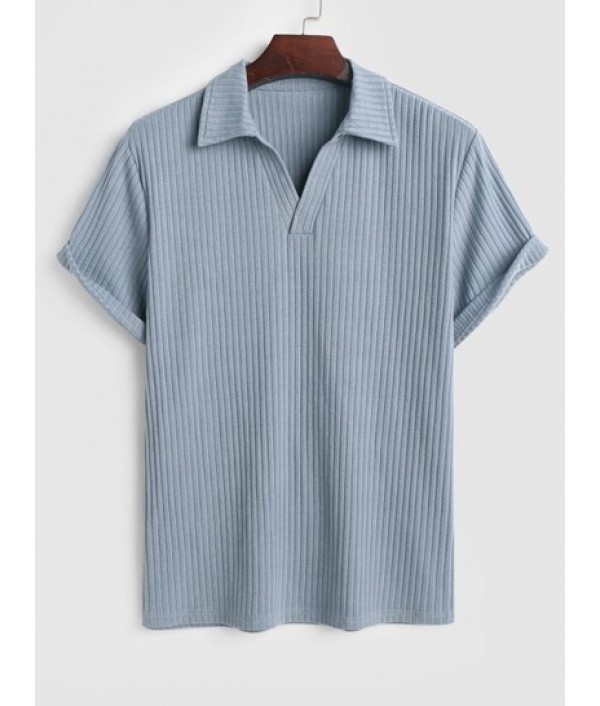 Men's Basic Minimalist Solid Color Ribbed Textured Turndown Collar Pullover Short Sleeves T-shirt And Drawstring Shorts Set