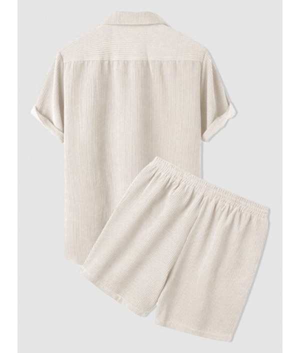 Men's Corduroy Casual Lapel Collar Solid Color Button Summer Short Sleeves Shirt And Shorts Set Men's Corduroy Casual Lapel Collar Solid Color Button Summer Short Sleeves Shirt And Shorts Set