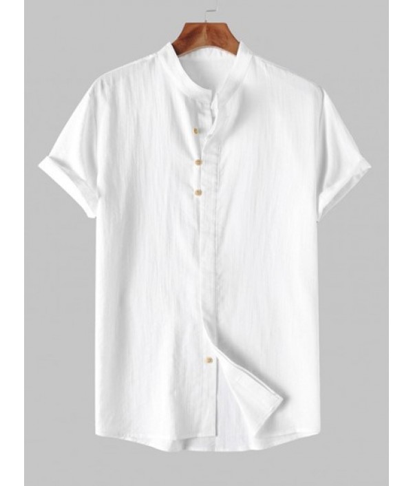 Men's Stand Collar Solid Color Buttons Short Sleeves High Low Casual Shirt And Basic Drawstring Linen Pants Set Men's Stand Collar Solid Color Buttons Short Sleeves High Low Casual Shirt And Basic Drawstring Linen Pants Set