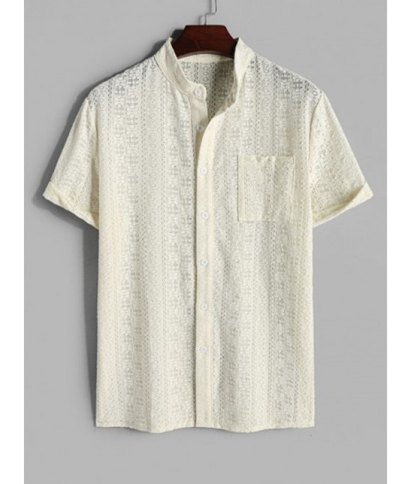 Men's Sexy Lace Co Ord Two Piece Set Stand Collar Sheer Short Sleeves Party Shirt With Openwork Shorts Set