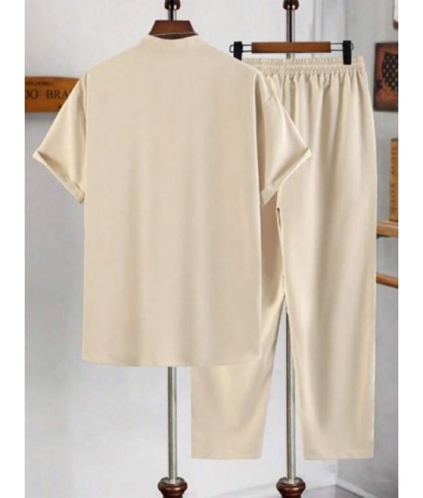 Men's Plain Color Stand Collar Button Front Short Sleeves Shirt And Drawstring Pants Casual Set Men's Plain Color Stand Collar Button Front Short Sleeves Shirt And Drawstring Pants Casual Set