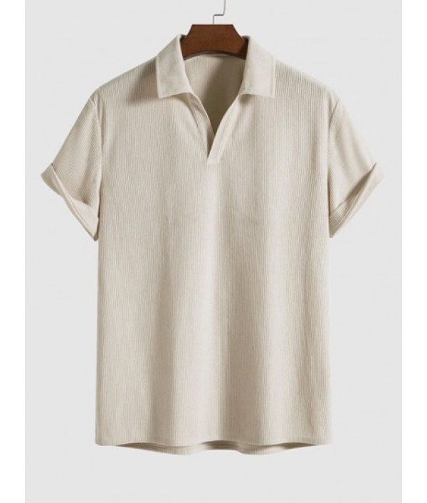 Men's V Neck Collared Corduroy Textured Solid Color Short Sleeves Plain Popover Shirt And Drawstring Corduroy Shorts Set Men's V Neck Collared Corduroy Textured Solid Color Short Sleeves Plain Popover Shirt And Drawstring Corduroy Shorts Set