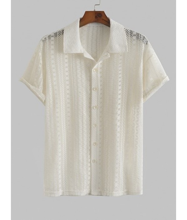 Men's Sexy See-through Lace Sheer Openwork Short Sleeves Button Front Shirt And Plaid Pattern Zip Fly Casual Pants Set Men's Sexy See-through Lace Sheer Openwork Short Sleeves Button Front Shirt And Plaid Pattern Zip Fly Casual Pants Set