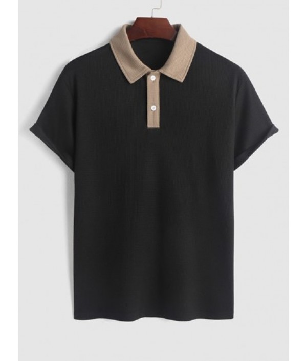 Men's Basic Color Spliced Textured Short Sleeves Polo Collar T-shirt And Solid Color Basic Drawstring Bermuda Shorts Set