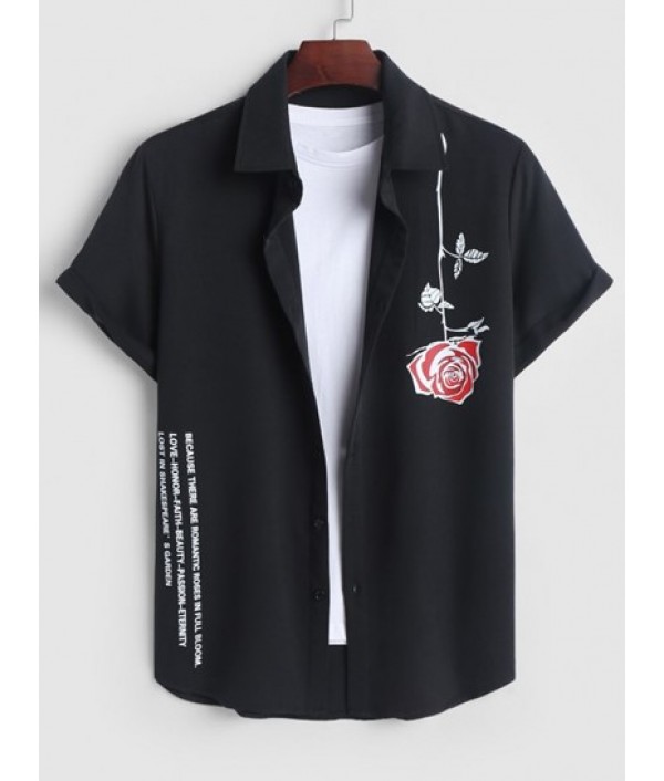 Men's Daily Two Piece Set Slogan Rose Pattern Short Sleeves Shirt With Solid Color Basic Casual Shorts Set