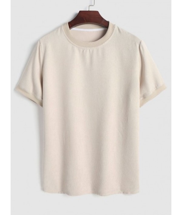 Men's Solid Color Ribbed Corduroy Short Sleeves Crew Neck T-shirt And Drawstring Pocket Plain Textured Shorts Set