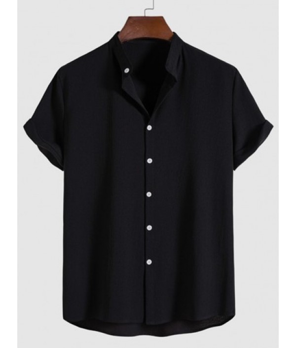 Solid Color Stand Collar Short Sleeves Shirt And Casual Shorts Set Solid Color Stand Collar Short Sleeves Shirt And Casual Shorts Set