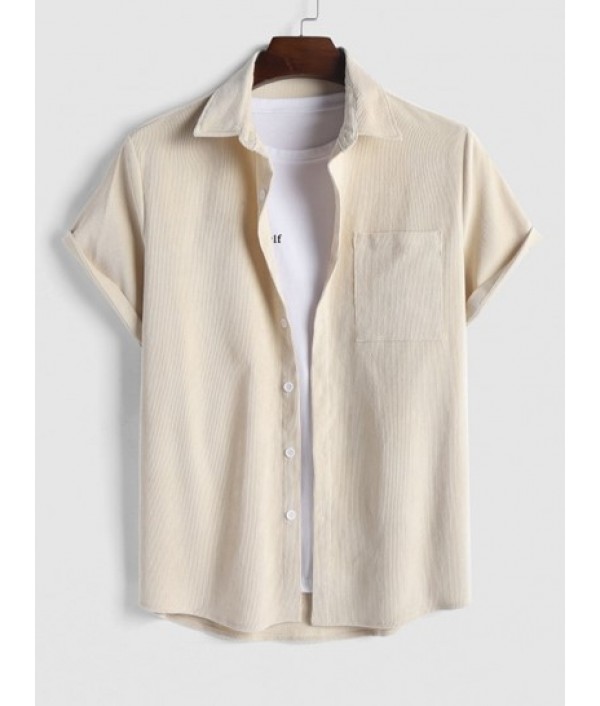 Men's 2 Piece Outfits Casual Basic Solid Color Pocket Corduroy Short Sleeves Button Up Shirt And Drawstring Shorts Set