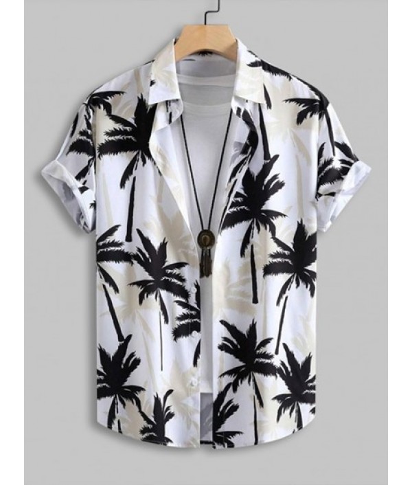 Men's Aloha Hawaiian Coconut Trees Printed Short Sleeves Button Front Vacation Shirt And Solid Color Basic Casual Bermuda Shorts Set