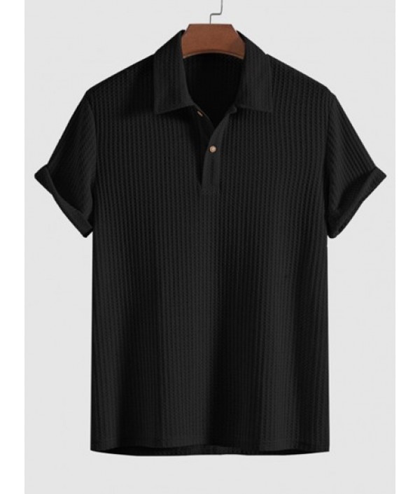 Men's Plain Color Tartan Jacquard Weave Textured Polo Collar Short Sleeves T-shirt And Side Slit Drawstring Shorts Set