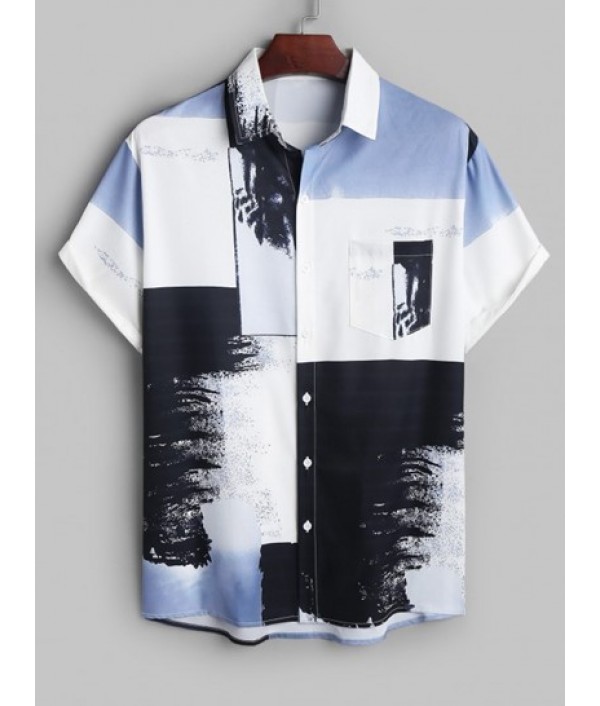 Men's Casual Colorblock Painting Print Button Up Short Sleeves Summer Vacation Shirt And Beach Drawstring Pockets Board Shorts Set
