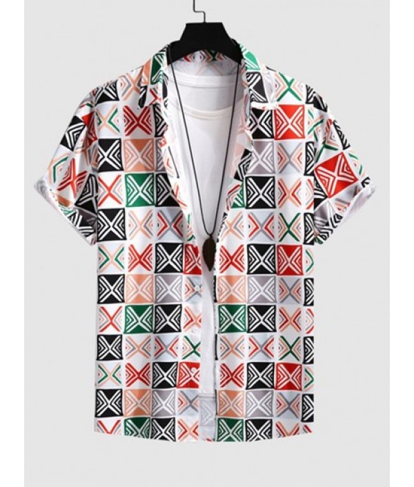 Men's Geometric Print Colorblock Casual Beach Vacation Short Sleeves Shirt And Basic Shorts Set Men's Geometric Print Colorblock Casual Beach Vacation Short Sleeves Shirt And Basic Shorts Set