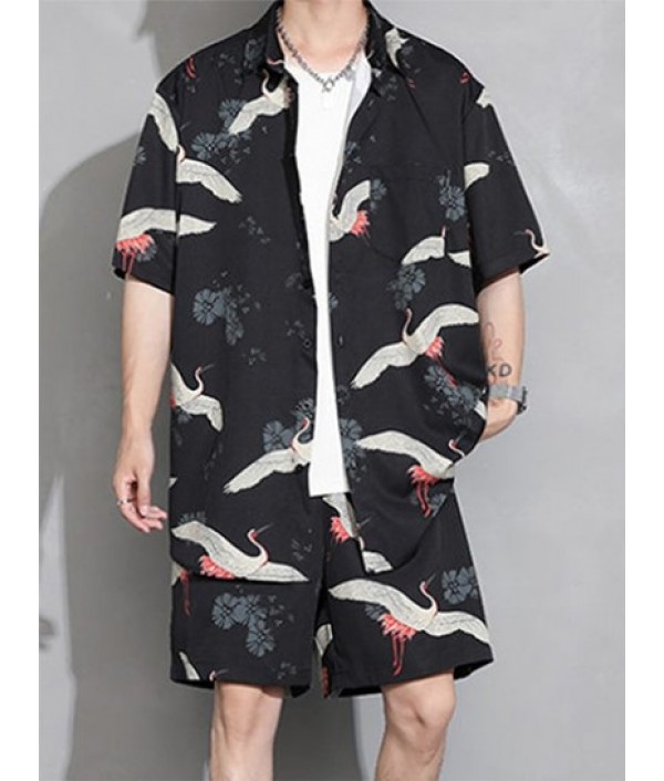 Men's Beach Vacation Matching Co Ord Chinese Style Crane Floral Print Short Sleeve Button Up Shirt And Drawstring Pockets Shorts Two Piece Set Men's Beach Vacation Matching Co Ord Chinese Style Crane Floral Print Short Sleeve Button Up Shirt And Drawstring Pockets Shorts Two Piece Set