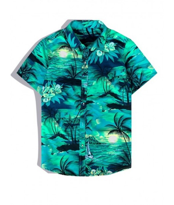 Men's Hawaiian Coconut Trees Sun Printed Button Front Short Sleeves Shirt And Drawstring Shorts Vacation Beach Set Men's Hawaiian Coconut Trees Sun Printed Button Front Short Sleeves Shirt And Drawstring Shorts Vacation Beach Set