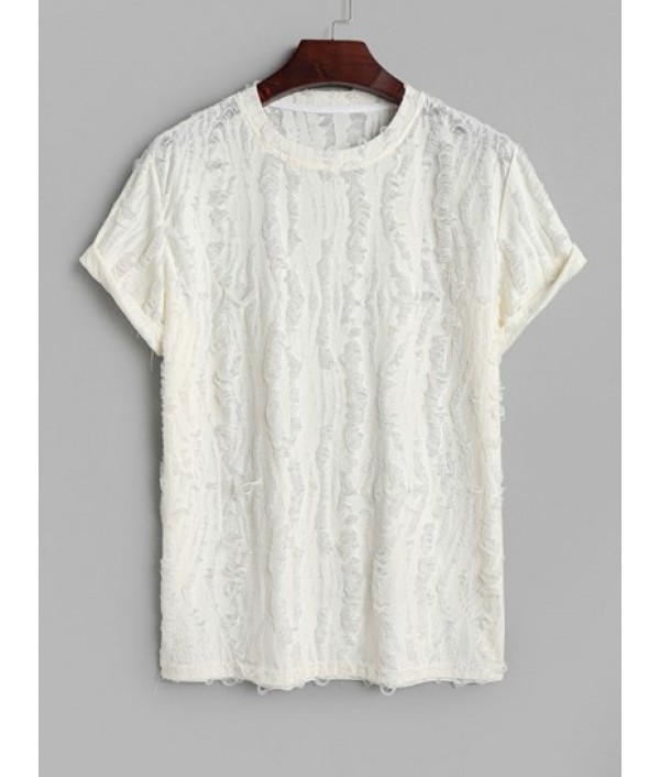 Men's Casual Party Short Sleeves See Through Distressed Textured Summer T Shirt And Basic Cotton And Linen Drawstring Shorts Set