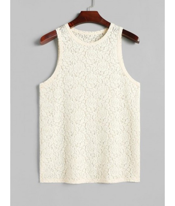 Men's Two Piece See Through Sheer Rose Lace Club Party Tank Top Sleeveless T Shirt And Geometric Retro Jacquard Drawstring Shorts Set Men's Two Piece See Through Sheer Rose Lace Club Party Tank Top Sleeveless T Shirt And Geometric Retro Jacquard Drawstring Shorts Set