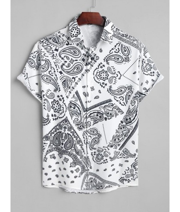 Men's Beach Vacation Ethnic Paisley Floral Patchwork Scarf Print Button Up Short Sleeve Shirt And Drawstring Pocket Bermuda Shorts Set
