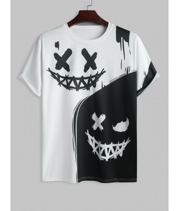 Men's Evil Smile Face Print Colorblock Two Tone Crew Neck Casual Short Sleeve T Shirt And Streetwear Cartoon Drawstring Board Shorts Set