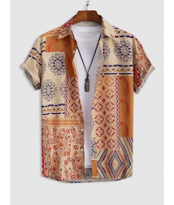 Retro Floral Print Patternblock Beach Vacation Shirt And Basic Casual Shorts Set