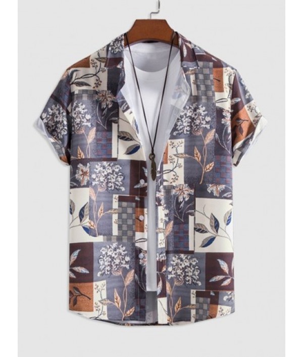 Men's Leaves Floral Plaid Printed Button Front Short Sleeves Vacation Shirt And Basic Casual Shorts Set Men's Leaves Floral Plaid Printed Button Front Short Sleeves Vacation Shirt And Basic Casual Shorts Set