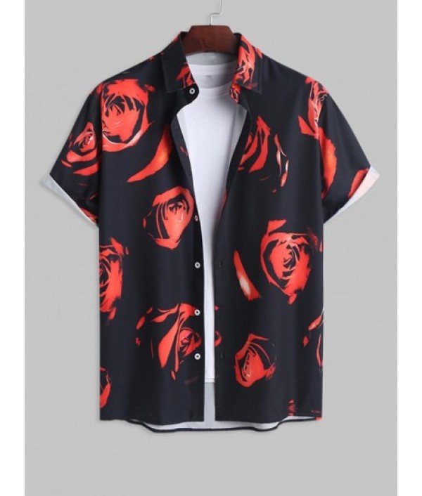 Men's Casual Summer Vacation Floral Rose Print Button Up Short Sleeves Shirt And Basic Casual Shorts Set