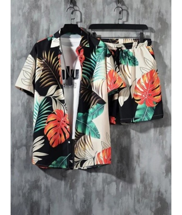 Men's Tropical Palm Leaves Printed Short Sleeves Button Front And Drawstring Shorts Vacation Set