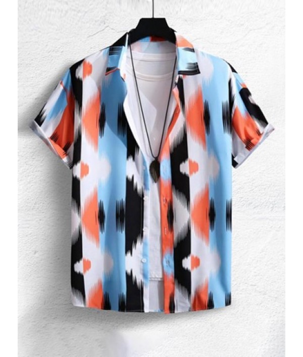 Men's Casual Beach Vacation Short Sleeves Abstract Print Colorblock Shirt And Basic Shorts Set