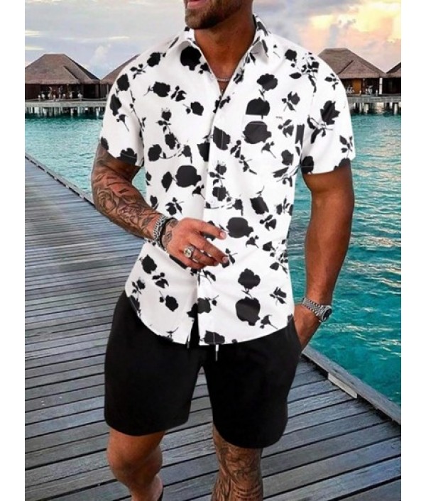 Men's Two Piece Summer Vacation Beach Floral Print Button Up Short Sleeves Shirt And Drawstring Pockets Bermuda Shorts Set Men's Two Piece Summer Vacation Beach Floral Print Button Up Short Sleeves Shirt And Drawstring Pockets Bermuda Shorts Set