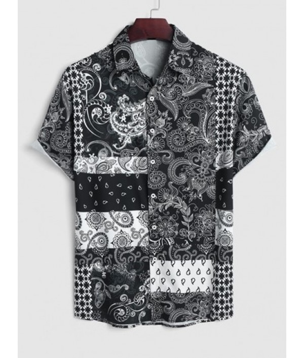 Men's Beach Vacation Ethnic Paisley Floral Patchwork Print Button Up Short Sleeve Shirt And Drawstring Pocket Bermuda Shorts Set Men's Beach Vacation Ethnic Paisley Floral Patchwork Print Button Up Short Sleeve Shirt And Drawstring Pocket Bermuda Shorts Set