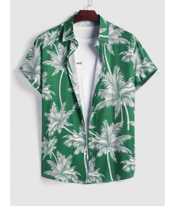 Coconut Tree Print Short Sleeve Hawaiian Shirt With Drawstring Hem Cargo Pants Set Coconut Tree Print Short Sleeve Hawaiian Shirt With Drawstring Hem Cargo Pants Set