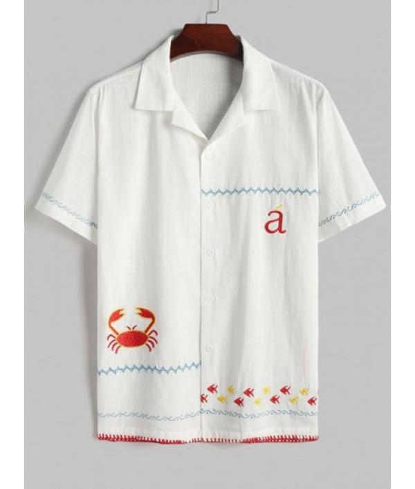 Fish Crab Marine Life Embroidery Short Sleeves Shirt With Shorts Beach Vacation Two Piece Set