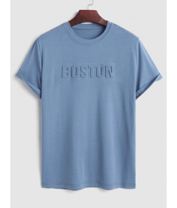 Men's Basic Minimalist BOSTON Letter Printed 3D Embossed Design Short Sleeves Round Neck T-shirt And Basic Casual Shorts Set