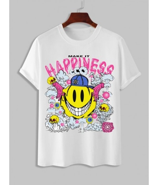 Men's Cartoon HAPPINESS Smile Face Skulls Graphic Pattern Short Sleeves T-shirt With Basic Casual Shorts Set