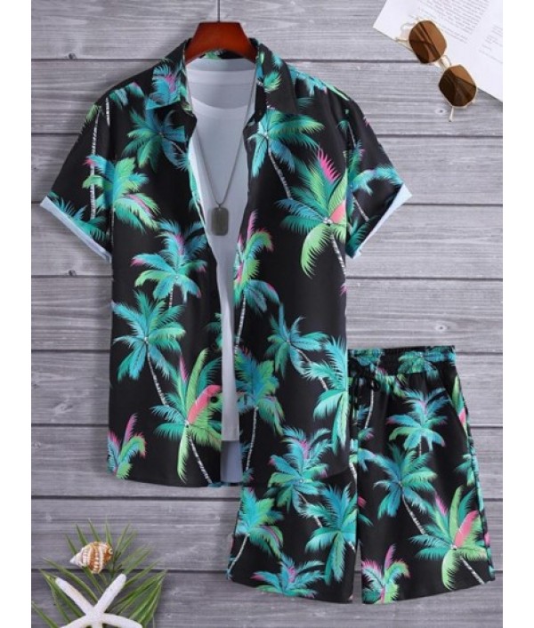 Men's Beach Vacation Hawaii Two Piece Set Allover Coconut Tree Print Button Up Shirt With Drawstring Bermuda Shorts Set