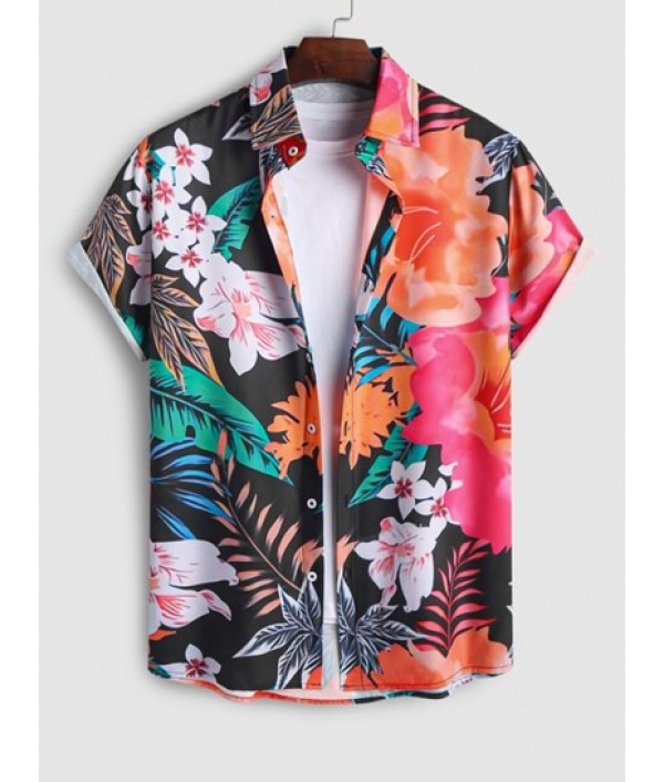 Men's Floral Tropical Leaf Print Casual Beach Summer Vacation Hawaii Short Sleeves Shirt And Drawstring Shorts Two Pieces Set