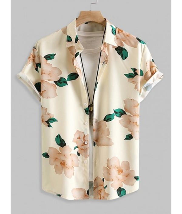 Floral Pattern Short Sleeves Vacation Shirt With Basic Casual Shorts Set
